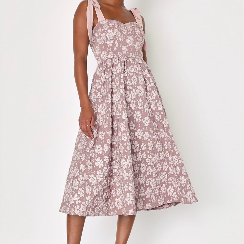 Midi Dress: Bubbly Bliss Mauve Pink Jacquard Bustier Tie-Strap
